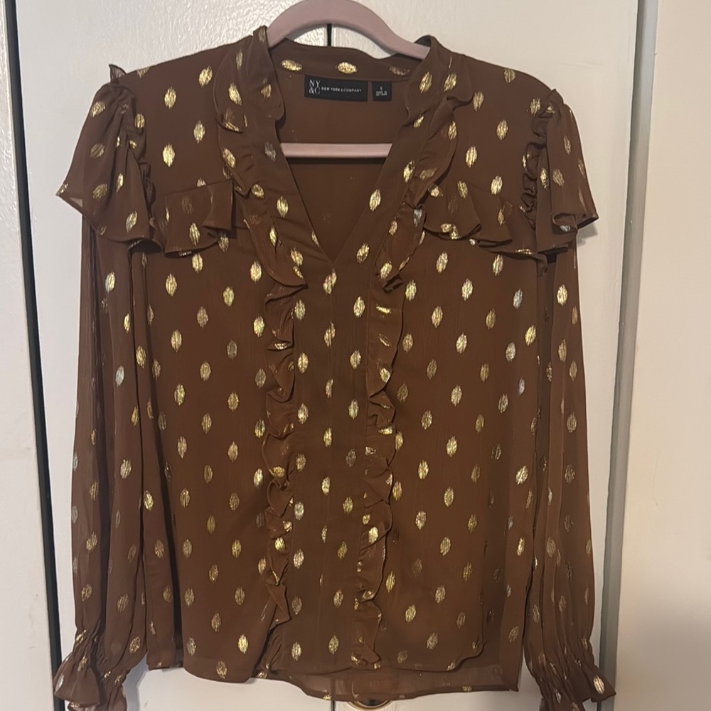 New York & Company Brown Cream Ruffled Blouse